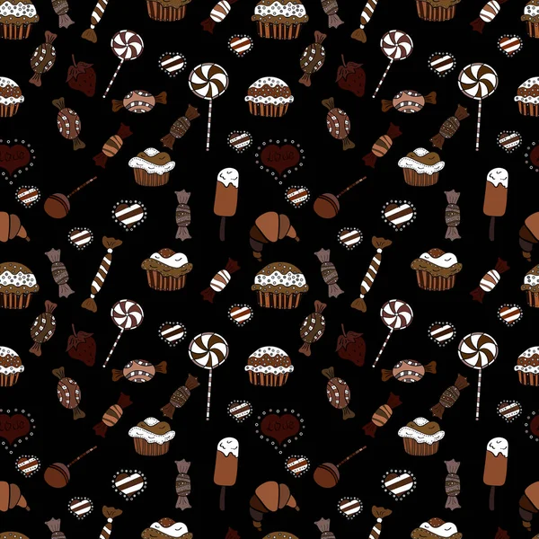 Şirin doğum günü arka plan üzerinde siyah, beyaz ve kahverengi. Seamless modeli ile elle çizilmiş doodle tatlılar: Top kek, kek, pasta, kek. Vektör çizim.