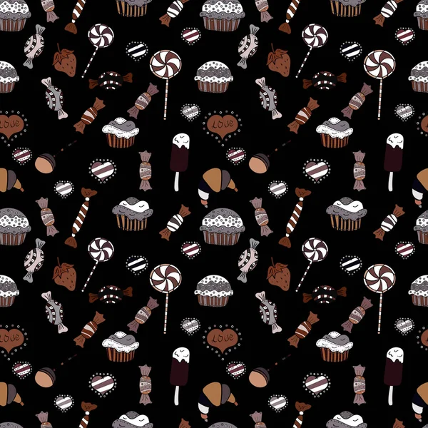 Tatlılar - dondurma, sevimli siyah, kahverengi ve beyaz zemin üzerine izole kek ile Seamless modeli. Vektör sanat. Doğum günü kartı, ambalaj, tekstil, kumaş, kroki çocuk menüsü için kullanabilirsiniz.