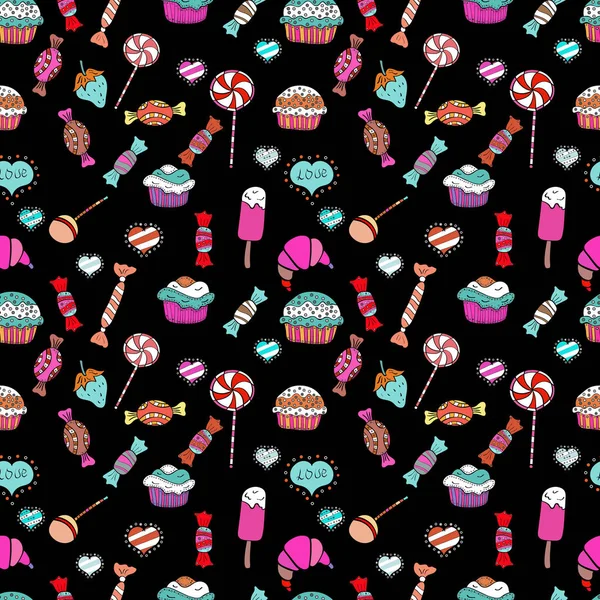 Vektör. Sorunsuz cupcake, peri kek. Beyaz, pembe ve siyah şirin doğum izi. Gıda afiş tasarımı için.