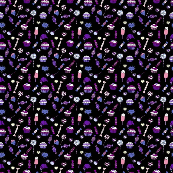 Parmak izi, Dekorasyon, kumaş için doku. Cupcake seamless modeli. Siyah, mor ve mor renkli krem tatlı zemin. Muffin tatlı doku arka plan. Vektör.