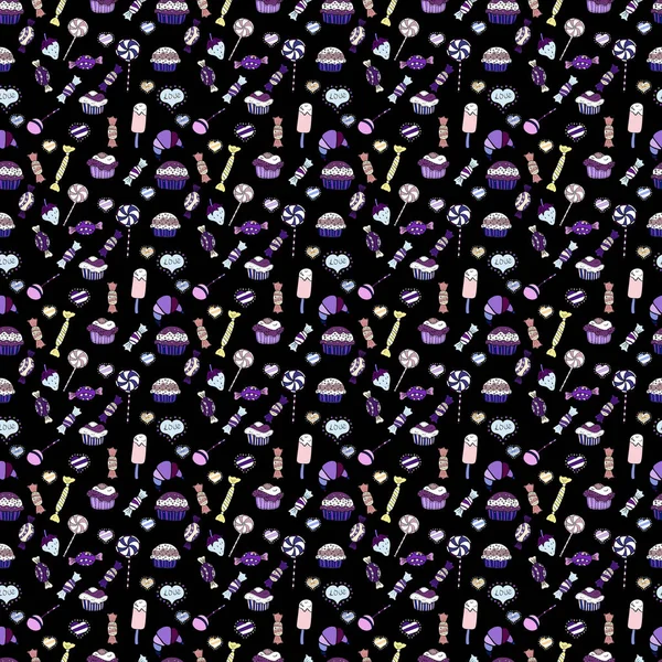 Kızlar, kağıt ambalaj için zemin. Sorunsuz kek desen. Vektör çizim. Gıda öğeleri renkli tekrarlanan kroki üzerinde tarafsız, siyah ve beyaz.