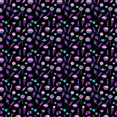 Mor, beyaz ve siyah arka plan üzerine şeker. Sorunsuz şekerler. Oyun, kartpostal, davet ve web tasarımı için. Düz stil vektör çizim.