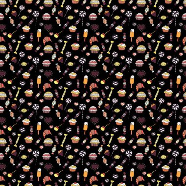 Renkli şeker tasarım bir siyah, beyaz ve kahverengi zemin üzerine serpin, şeker veya fırın. Parlak sorunsuz vektör konfeti model parti.