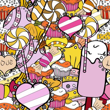 Dikişsiz desen suluboya tatlılar şekerlemeler ile elle çizilmiş bir nötr, beyaz ve siyah arka plan üzerinde izole. Vektör çizim.