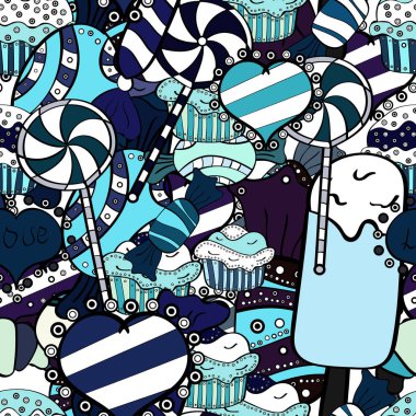 Şeker soyut geometrik tarzı ile renkli seamless modeli. Trendy vektör arka plan. Beyaz, mavi ve siyah renk.