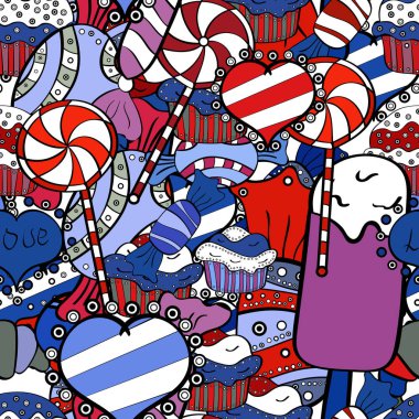 Sorunsuz. Tatlılar ve mumlar, çizimler. Vektör çizim. Şeker Dükkanı.