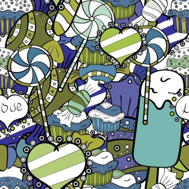 Vektör çizim. Sevimli ve renkli şeker tatlı Dikişsiz desen beyaz, siyah ve yeşil zemin üzerine. Beyaz, siyah ve yeşil sürümü. İzole.