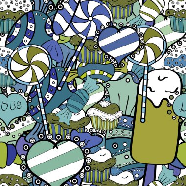 Dikişsiz desen suluboya tatlılar şekerlemeler ile elle çizilmiş bir beyaz, siyah ve mavi arka plan üzerinde izole. Vektör çizim.