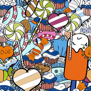 Renkli, retro el Cadılar Bayramı davranır beyaz, mavi ve siyah arka plan üzerinde gösterilmiştir. İlginç, soyut el çekilmiş sorunsuz vektör şeker desen.