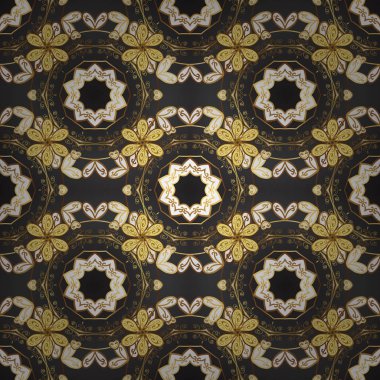 Gri ve sarı renkleri altın elemanları ile altın izi. Klasik vintage arka plan. Geleneksel şark süsleme. Klasik vektör altın Dikişsiz desen.