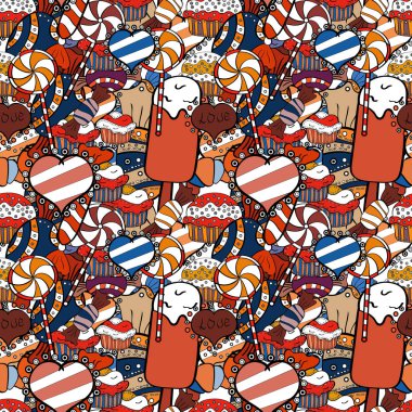 Trendy vektör arka plan. Şeker soyut geometrik tarzı ile renkli seamless modeli. Siyah, turuncu ve beyaz renkler.