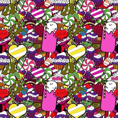 Vektör siyah, pembe ve beyaz şeker ile seamless modeli. Tekstil, kartlar, için tatlı web tasarım: lezzetli gerçekçi seamles arka plan: grafik fantastik şeker.