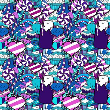 İlginç, soyut el çekilmiş sorunsuz vektör şeker desen. Cadılar Bayramı davranır beyaz, mavi ve mor arka plan üzerinde renkli, retro el resimli.