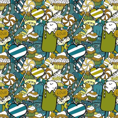 Sorunsuz. Tatlılar ve mumlar, çizimler. Vektör çizim. Şeker Dükkanı.