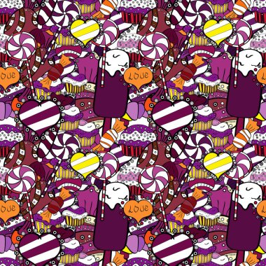 Tekstil, kartlar, için tatlı web tasarım: lezzetli gerçekçi seamles arka plan: grafik fantastik şeker. Mor, siyah ve beyaz şeker ile vektör seamless modeli.