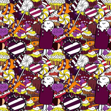 Düz stil vektör çizim. Sorunsuz şekerler. Beyaz, mor ve siyah arka plan üzerine şeker. Oyun, kartpostal, davet ve web tasarımı için.