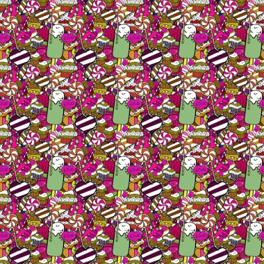 Güzel doğum günü arka plan üzerinde siyah, kırmızı ve beyaz. Tatlılar tasarım arka plan. Tatlı kek deseni ile Seamless modeli. Vektör çizim.