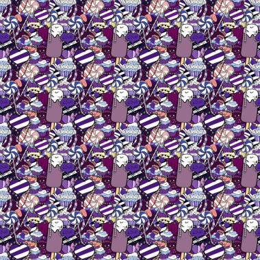 Güzel modern kek, çikolatalı kek gibi farklı türde. Kek Dikişsiz desen koleksiyonu. Vektör çizim. Siyah, tarafsız ve beyaz.