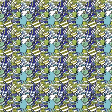 Vektör çizim. Yeşil, beyaz ve mavi parlak doğum izi. Gıda afiş tasarımı için. Dikişsiz desen kek.