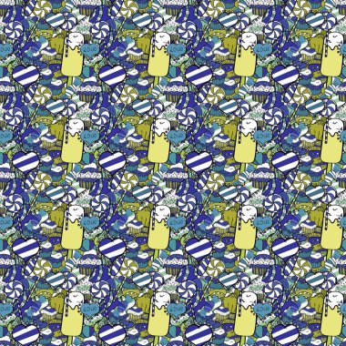 Tatlılar tasarım. Elle çizilmiş renkli seamless modeli kekler, mavi, siyah ve beyaz sevimli arka plan sıraladı. Vektör çizim.