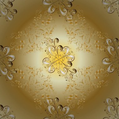 Doku zemin üzerine altın kroki. Bej ve sarı renkleri altın öğesinde. Damasko sorunsuz yinelenen arka plan. Barok tarzı altın çiçek süsleme.