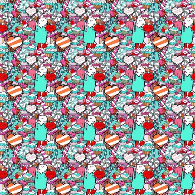 Vektör çizim. Kızlar, kağıt ambalaj için zemin. Sorunsuz kek desen. Gıda öğeleri renkli tekrarlanan kroki mavi, beyaz ve siyah.