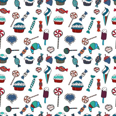 Doodle kek krem ile. Şirin doğum günü desen beyaz, siyah ve mavi. Elle çizilmiş cupcakes. Vektör cupcake çizim. Vektör çizim.