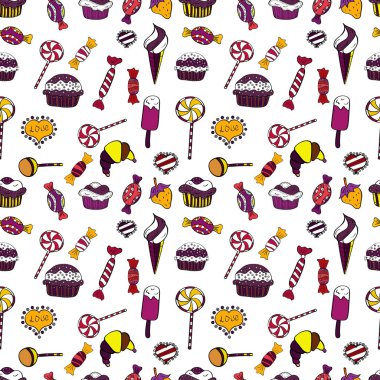 Cupcakes mor, beyaz ve siyah arka plan üzerine suluboya ile seamless modeli. Elle çizilmiş doodle illüstrasyon ile pasta. Tatlılar tasarım arka plan. Vektör çizim.