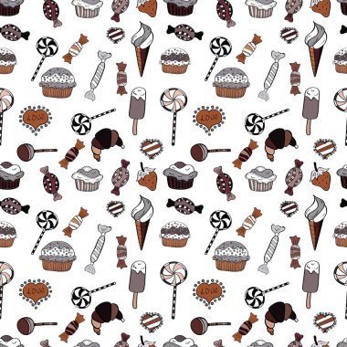 Siyah, beyaz ve kahverengi renkleri. Suluboya tatlılar şekerlemeler ile Seamless modeli. Şeker vektör doodle.