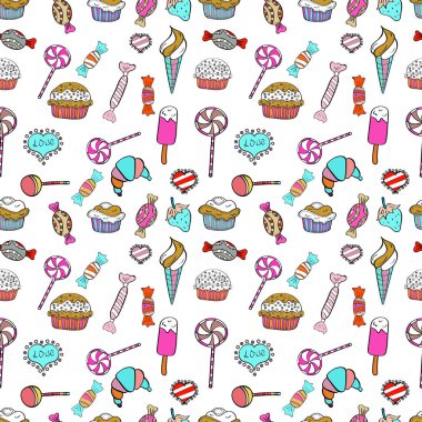 Beyaz, mavi ve siyah renk. Şeker vektör doodle. Suluboya tatlılar şekerlemeler ile Seamless modeli.