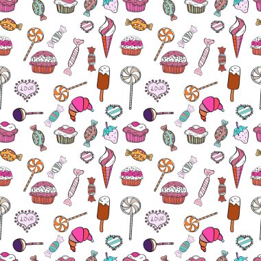 Suluboya tatlılar şekerlemeler ile Seamless modeli. Şeker vektör doodle. Siyah, beyaz ve pembe renkler.