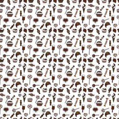 Vektör çizim. Siyah, kahverengi ve beyaz renkler tatlı şeker seamless modeli.
