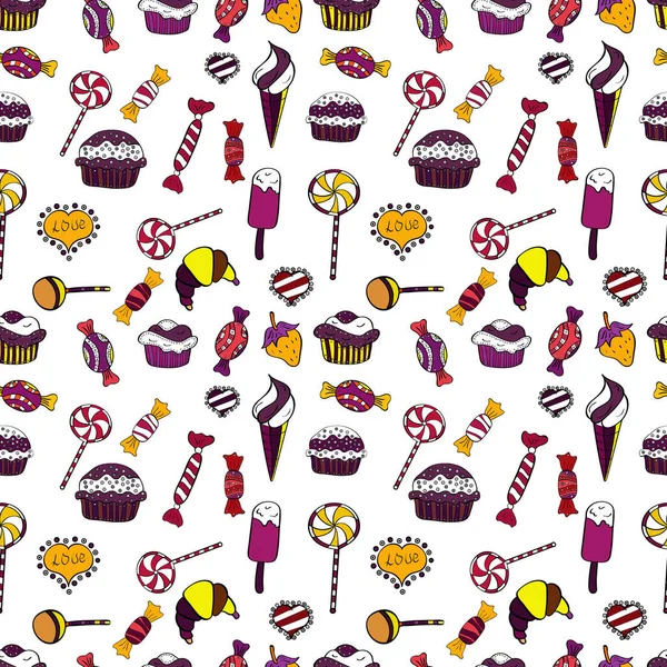 Patrón Sin Costuras Cupcakes Con Acuarela Sobre Fondo Púrpura Blanco — Vector de stock