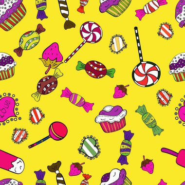 Hamur işi. Top kek tatlar resimde beyaz, siyah ve Sarı doodle. Vektör çizim. Sorunsuz elle çizilmiş vintage tarzı kek ve kurabiye.