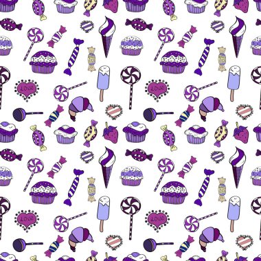 Beyaz, mor ve siyah şirin doğum izi. Sorunsuz cupcake, peri kek. Gıda afiş tasarımı için. Vektör.