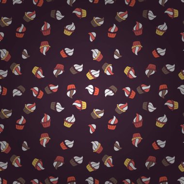 Vektör çizim. Beyaz, pembe, kahverengi desen. Sorunsuz çeşitli kek, haşhaş tohumu, çikolatalı, kabak krema, çikolata ve lezzetli Breakfast veya tatlı çörek.