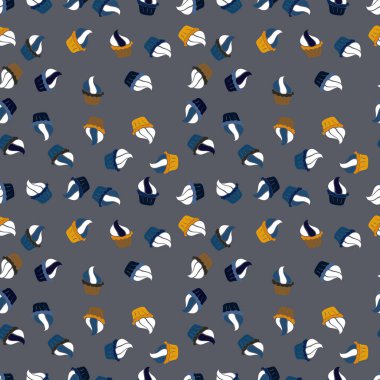 Sorunsuz lezzetli çörekler ve muffins beyaz, gri ve mavi çizgi film vektör. Çikolatalı doğum günü tatlı kek illüstrasyon.