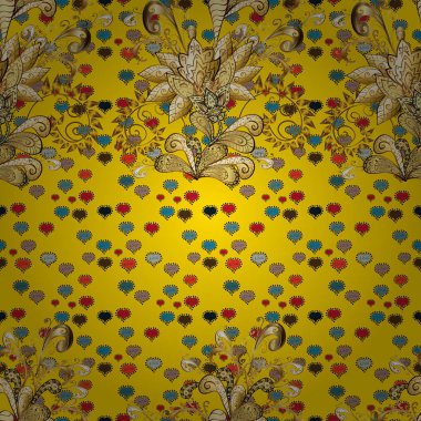 Vektör çizim. Vektör çizim. Kroki tarzı sarı, bej ve kahverengi renklerde. El topluluğu çiçek ve bitki çizilmiş. Şirin karalamalar çiçekler ile sorunsuz çiçek desenli.