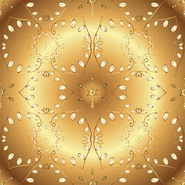 シームレスな中世王室花柄 誕生日 招待状やバナーのグリーティング カードに最適です ベージュと茶色の色のゴールド 装飾的な対称性のアラベスク ベクトル図 — ストックベクタ