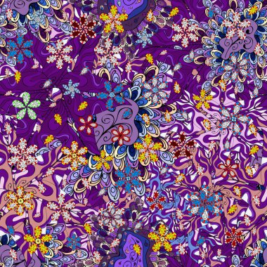 İhale kumaş deseni. Tasarım. Dikişsiz desen baskı. Vektör. Düz öğeleri. Doodles'ın mor, mor ve siyah renkler.