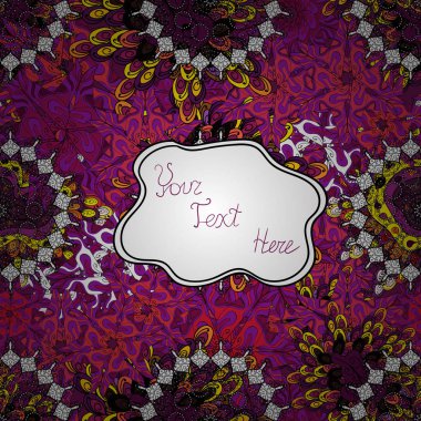 Vektör. Dikişsiz desen baskı. Doodles'ın beyaz, mor ve siyah renkler. İhale kumaş deseni. Düz öğeleri. Tasarım.