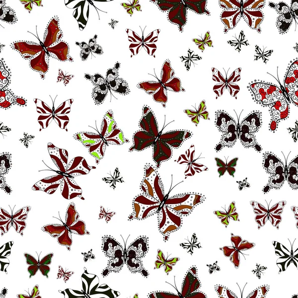 非常适合纺织品 网页背景 表面纹理 红色和白色色彩的五颜六色的蝴蝶的无缝背景 矢量插图 — 图库矢量图片