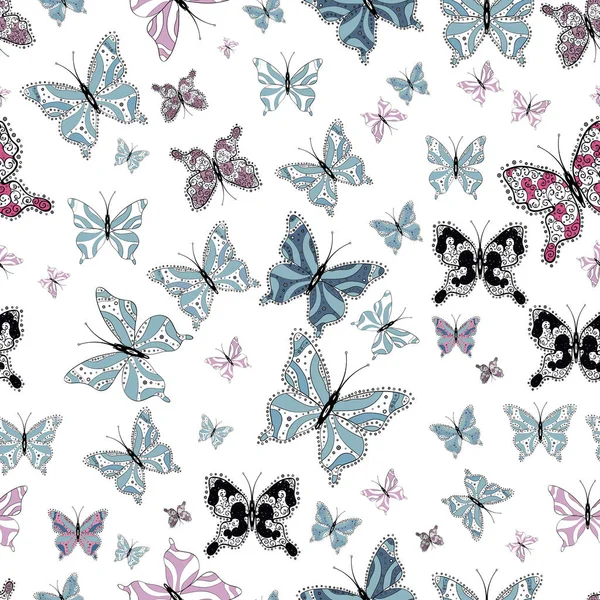 Papillons Sur Fond Noir Blanc Bleu Sans Couture Design Avec — Image vectorielle