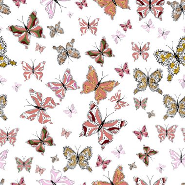 Vektör. Uçan güveler ile dikişsiz çok renkli arka plan. Uygun. Güzel renkli kelebekler kaotik pembe, siyah ve beyaz renklerde sinek. Parlak kelebeklerden dikişsiz arka plan.