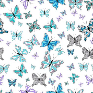 Sevimli girly dikişsiz desen elle çizilmiş. Tekrarlanan kelebekler. Çizim, karalama, karalama. Sonsuz. Vektör çizimi.