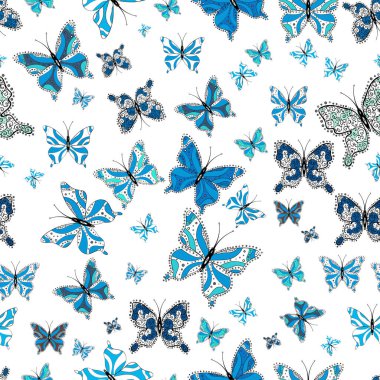 Vektör illüstrasyon. Giysi, erkek, kız, skeç için soyut dikişsiz desen. Boyama kitabı için uçan farklı güzel kelebekler. Böcek ile dikişsiz desen arka plan.