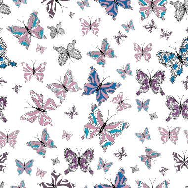 Çizim, karalama, karalama. Kelebekler ile dikişsiz desen. Erkekler, kızlar, kıyafetler, skeç için soyut dikişsiz desen. Vektör illüstrasyon. Sonsuz.