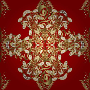 Kusursuz vektör arkaplanı. Şık bir grafik desen. Kırmızı ve kahverengi renklerde altın elementler. Barok eskizi, damask. Çiçek deseni.