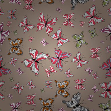 Pembe, bej ve beyaz kelebek desenleri. Vektör çizimi. Parmak izi dokuları için sevimli kelebek deseni. Giysi tasarımı için dekor arkaplanı.