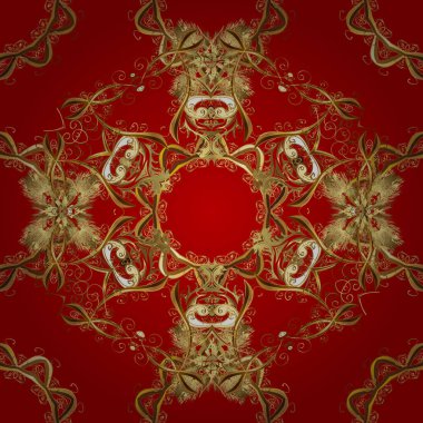 Düz elle çizilmiş klasik koleksiyon. Arkaplan, kumaş, altın çizim. Kahverengi ve kırmızı renklerde altın desenli altın elementler. Vektör altın pürüzsüz desen.